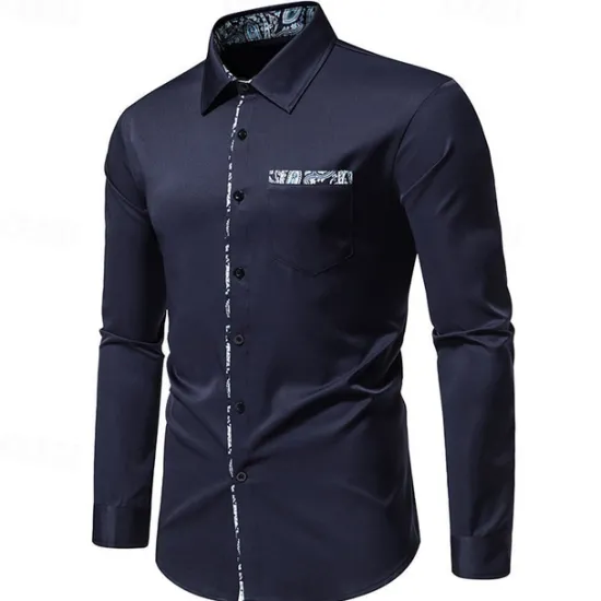 OUKU Men's Shirt Summer Shirt Casual Shirt Beach Shirt Collared Shirt Button Up Shirt Black White Navy Blue Long Sleeve Paisley Lapel Vacation Hawaiian Pocket Clothing Apparel Polyester Fashion Casual