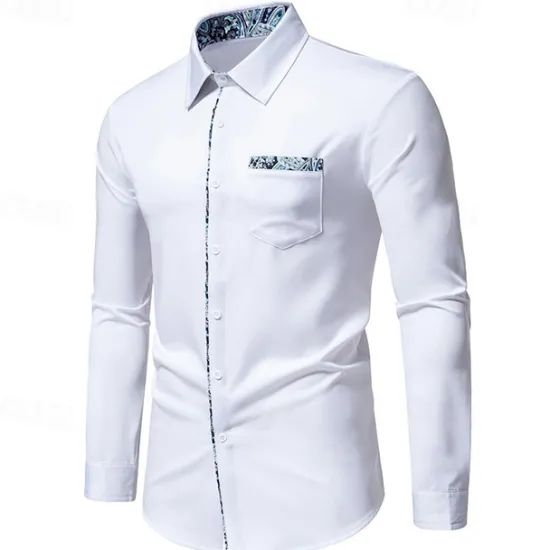 OUKU Men's Shirt Summer Shirt Casual Shirt Beach Shirt Collared Shirt Button Up Shirt Black White Navy Blue Long Sleeve Paisley Lapel Vacation Hawaiian Pocket Clothing Apparel Polyester Fashion Casual