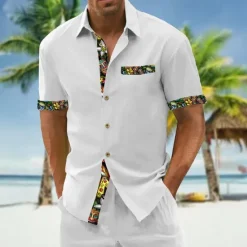 OUKU Men's Shirt Summer Shirt Casual Shirt Beach Shirt Button Up Shirt Black White Wine Green Dark Gray Short Sleeve Printing Lapel Vacation Hawaiian Clothing Apparel Polyester Fashion Casual Comfortable
