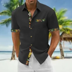 OUKU Men's Shirt Summer Shirt Casual Shirt Beach Shirt Button Up Shirt Black White Wine Green Dark Gray Short Sleeve Printing Lapel Vacation Hawaiian Clothing Apparel Polyester Fashion Casual Comfortable
