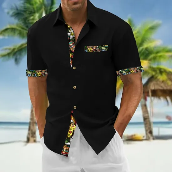 OUKU Men's Shirt Summer Shirt Casual Shirt Beach Shirt Button Up Shirt Black White Wine Green Dark Gray Short Sleeve Printing Lapel Vacation Hawaiian Clothing Apparel Polyester Fashion Casual Comfortable