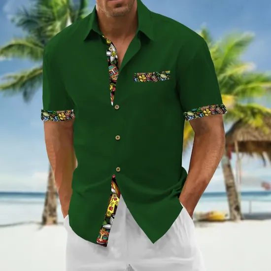 OUKU Men's Shirt Summer Shirt Casual Shirt Beach Shirt Button Up Shirt Black White Wine Green Dark Gray Short Sleeve Printing Lapel Vacation Hawaiian Clothing Apparel Polyester Fashion Casual Comfortable