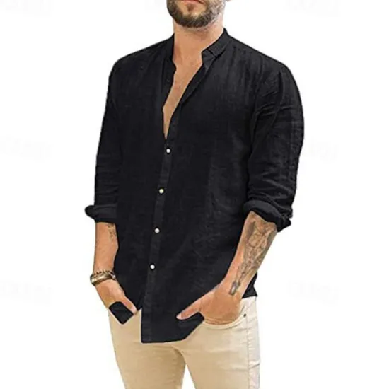 Online OUKU Men's Shirt Summer Shirt Casual Shirt Beach Shirt Button Up Shirt Black White Navy Blue Green Apricot Long Sleeve Plain Lapel Vacation Hawaiian Button-Down Clothing Apparel Polyester Fashion Casual