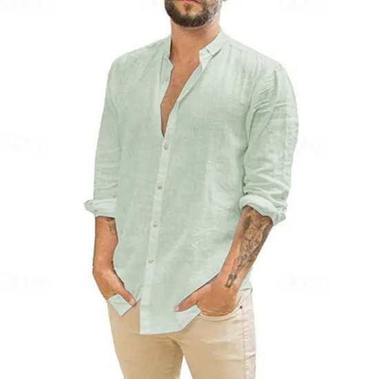 Online OUKU Men's Shirt Summer Shirt Casual Shirt Beach Shirt Button Up Shirt Black White Navy Blue Green Apricot Long Sleeve Plain Lapel Vacation Hawaiian Button-Down Clothing Apparel Polyester Fashion Casual