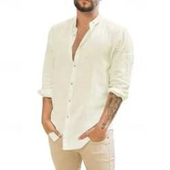 Online OUKU Men's Shirt Summer Shirt Casual Shirt Beach Shirt Button Up Shirt Black White Navy Blue Green Apricot Long Sleeve Plain Lapel Vacation Hawaiian Button-Down Clothing Apparel Polyester Fashion Casual