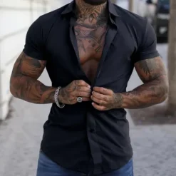 Outlet OUKU Men's Shirt Summer Shirt Casual Shirt Button Up Shirt Untucked Shirts Black White Yellow Pink Dark Navy Short Sleeve Plain Turndown Vacation Street Clothing Apparel Fashion Casual Comfortable
