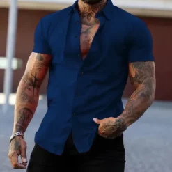 Outlet OUKU Men's Shirt Summer Shirt Casual Shirt Button Up Shirt Untucked Shirts Black White Yellow Pink Dark Navy Short Sleeve Plain Turndown Vacation Street Clothing Apparel Fashion Casual Comfortable