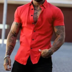 Outlet OUKU Men's Shirt Summer Shirt Casual Shirt Button Up Shirt Untucked Shirts Black White Yellow Pink Dark Navy Short Sleeve Plain Turndown Vacation Street Clothing Apparel Fashion Casual Comfortable