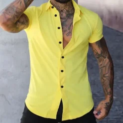 Outlet OUKU Men's Shirt Summer Shirt Casual Shirt Button Up Shirt Untucked Shirts Black White Yellow Pink Dark Navy Short Sleeve Plain Turndown Vacation Street Clothing Apparel Fashion Casual Comfortable