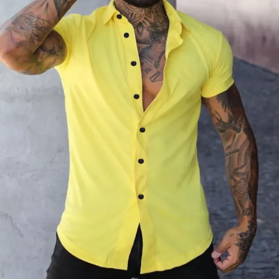Outlet OUKU Men's Shirt Summer Shirt Casual Shirt Button Up Shirt Untucked Shirts Black White Yellow Pink Dark Navy Short Sleeve Plain Turndown Vacation Street Clothing Apparel Fashion Casual Comfortable