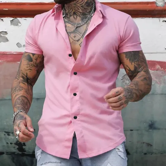 Outlet OUKU Men's Shirt Summer Shirt Casual Shirt Button Up Shirt Untucked Shirts Black White Yellow Pink Dark Navy Short Sleeve Plain Turndown Vacation Street Clothing Apparel Fashion Casual Comfortable