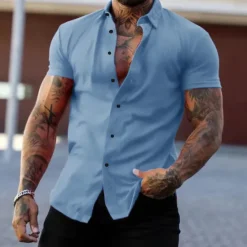 Outlet OUKU Men's Shirt Summer Shirt Casual Shirt Button Up Shirt Untucked Shirts Black White Yellow Pink Dark Navy Short Sleeve Plain Turndown Vacation Street Clothing Apparel Fashion Casual Comfortable