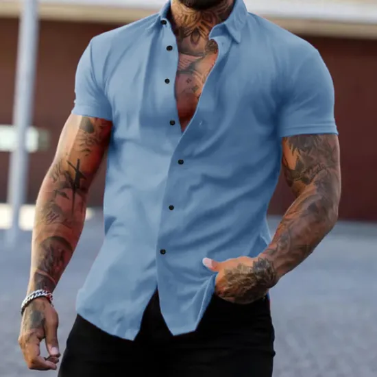Outlet OUKU Men's Shirt Summer Shirt Casual Shirt Button Up Shirt Untucked Shirts Black White Yellow Pink Dark Navy Short Sleeve Plain Turndown Vacation Street Clothing Apparel Fashion Casual Comfortable