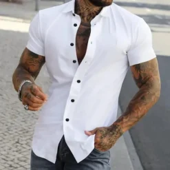 Outlet OUKU Men's Shirt Summer Shirt Casual Shirt Button Up Shirt Untucked Shirts Black White Yellow Pink Dark Navy Short Sleeve Plain Turndown Vacation Street Clothing Apparel Fashion Casual Comfortable