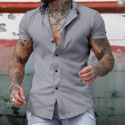 Outlet OUKU Men's Shirt Summer Shirt Casual Shirt Button Up Shirt Untucked Shirts Black White Yellow Pink Dark Navy Short Sleeve Plain Turndown Vacation Street Clothing Apparel Fashion Casual Comfortable