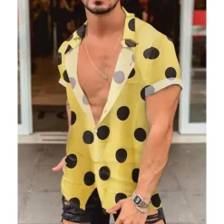 New OUKU Men's Shirt Summer Shirt Casual Shirt Beach Shirt Button Up Shirt Black White Yellow Short Sleeve Polka Dot Lapel Vacation Hawaiian Clothing Apparel Polyester Fashion Casual Comfortable