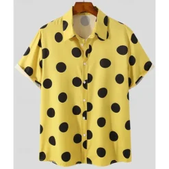 New OUKU Men's Shirt Summer Shirt Casual Shirt Beach Shirt Button Up Shirt Black White Yellow Short Sleeve Polka Dot Lapel Vacation Hawaiian Clothing Apparel Polyester Fashion Casual Comfortable