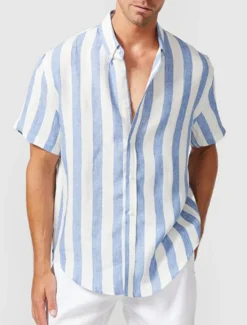 Best OUKU Men's Shirt Summer Shirt Casual Shirt Beach Shirt Button Up Shirt Short Sleeve Stripes Lapel Vacation Daily Clothing Apparel Cotton Cotton Blend Fashion Casual Comfortable Blue