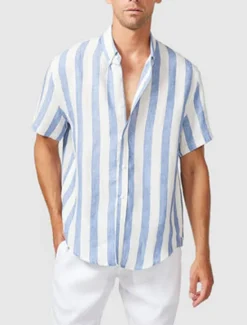Best OUKU Men's Shirt Summer Shirt Casual Shirt Beach Shirt Button Up Shirt Short Sleeve Stripes Lapel Vacation Daily Clothing Apparel Cotton Cotton Blend Fashion Casual Comfortable Blue