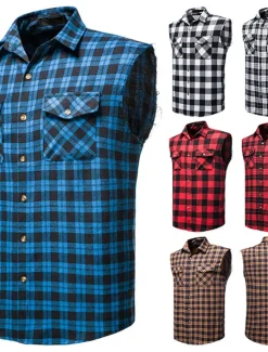 Outlet OUKU Men's Shirt Summer Shirt Casual Shirt Button Up Shirt Checked Shirts Black Wine Red khaki Gray Sleeveless Plaid Graphic Prints Turndown Vacation Street Print Clothing Apparel Cotton Cotton Blend