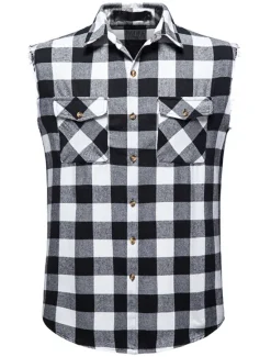 Outlet OUKU Men's Shirt Summer Shirt Casual Shirt Button Up Shirt Checked Shirts Black Wine Red khaki Gray Sleeveless Plaid Graphic Prints Turndown Vacation Street Print Clothing Apparel Cotton Cotton Blend