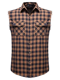 Outlet OUKU Men's Shirt Summer Shirt Casual Shirt Button Up Shirt Checked Shirts Black Wine Red khaki Gray Sleeveless Plaid Graphic Prints Turndown Vacation Street Print Clothing Apparel Cotton Cotton Blend