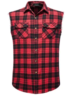 Outlet OUKU Men's Shirt Summer Shirt Casual Shirt Button Up Shirt Checked Shirts Black Wine Red khaki Gray Sleeveless Plaid Graphic Prints Turndown Vacation Street Print Clothing Apparel Cotton Cotton Blend