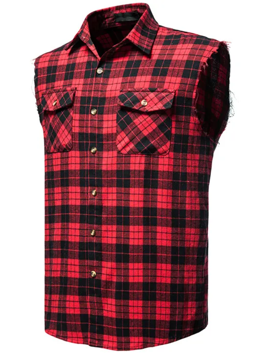 Outlet OUKU Men's Shirt Summer Shirt Casual Shirt Button Up Shirt Checked Shirts Black Wine Red khaki Gray Sleeveless Plaid Graphic Prints Turndown Vacation Street Print Clothing Apparel Cotton Cotton Blend