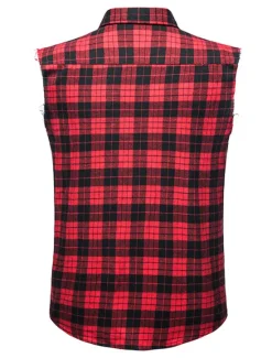 Outlet OUKU Men's Shirt Summer Shirt Casual Shirt Button Up Shirt Checked Shirts Black Wine Red khaki Gray Sleeveless Plaid Graphic Prints Turndown Vacation Street Print Clothing Apparel Cotton Cotton Blend