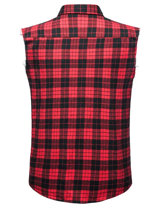 Outlet OUKU Men's Shirt Summer Shirt Casual Shirt Button Up Shirt Checked Shirts Black Wine Red khaki Gray Sleeveless Plaid Graphic Prints Turndown Vacation Street Print Clothing Apparel Cotton Cotton Blend