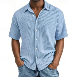 Hot OUKU Men's Shirt Summer Shirt Casual Shirt Beach Shirt Button Up Shirt Black White Wine Navy Blue Brown Short Sleeve Plain Lapel Vacation Hawaiian Pleats Clothing Apparel 100% Cotton Fashion Casual