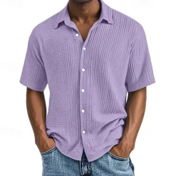 Hot OUKU Men's Shirt Summer Shirt Casual Shirt Beach Shirt Button Up Shirt Black White Wine Navy Blue Brown Short Sleeve Plain Lapel Vacation Hawaiian Pleats Clothing Apparel 100% Cotton Fashion Casual