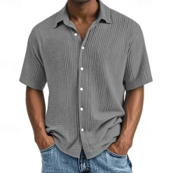 Hot OUKU Men's Shirt Summer Shirt Casual Shirt Beach Shirt Button Up Shirt Black White Wine Navy Blue Brown Short Sleeve Plain Lapel Vacation Hawaiian Pleats Clothing Apparel 100% Cotton Fashion Casual