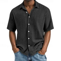 Hot OUKU Men's Shirt Summer Shirt Casual Shirt Beach Shirt Button Up Shirt Black White Wine Navy Blue Brown Short Sleeve Plain Lapel Vacation Hawaiian Pleats Clothing Apparel 100% Cotton Fashion Casual