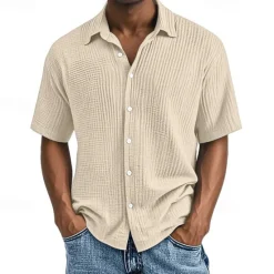 Hot OUKU Men's Shirt Summer Shirt Casual Shirt Beach Shirt Button Up Shirt Black White Wine Navy Blue Brown Short Sleeve Plain Lapel Vacation Hawaiian Pleats Clothing Apparel 100% Cotton Fashion Casual