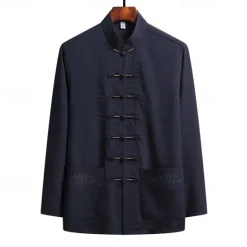Hot OUKU Men's Shirt Summer Shirt Casual Shirt Beach Shirt Button Up Shirt Black White Navy Blue Green Dark Gray Long Sleeve Plain Standing Collar Vacation Hawaiian Embroidered Clothing Apparel Polyester