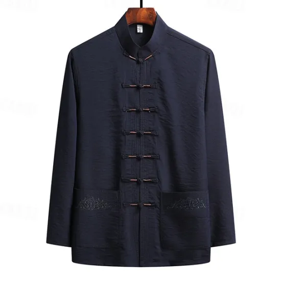 Hot OUKU Men's Shirt Summer Shirt Casual Shirt Beach Shirt Button Up Shirt Black White Navy Blue Green Dark Gray Long Sleeve Plain Standing Collar Vacation Hawaiian Embroidered Clothing Apparel Polyester