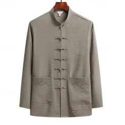 Hot OUKU Men's Shirt Summer Shirt Casual Shirt Beach Shirt Button Up Shirt Black White Navy Blue Green Dark Gray Long Sleeve Plain Standing Collar Vacation Hawaiian Embroidered Clothing Apparel Polyester