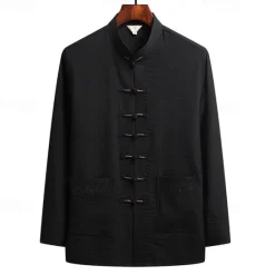Hot OUKU Men's Shirt Summer Shirt Casual Shirt Beach Shirt Button Up Shirt Black White Navy Blue Green Dark Gray Long Sleeve Plain Standing Collar Vacation Hawaiian Embroidered Clothing Apparel Polyester
