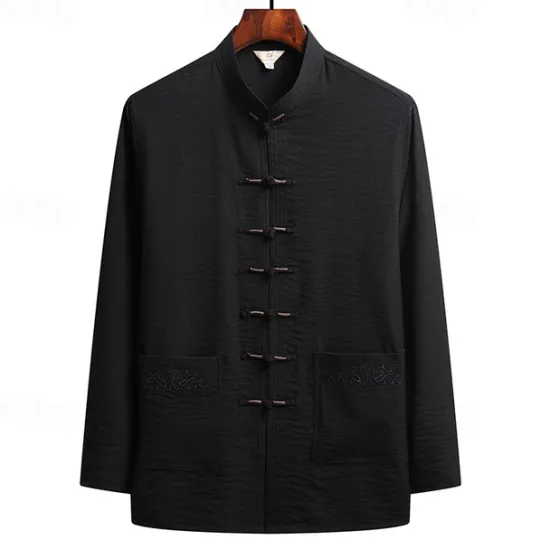 Hot OUKU Men's Shirt Summer Shirt Casual Shirt Beach Shirt Button Up Shirt Black White Navy Blue Green Dark Gray Long Sleeve Plain Standing Collar Vacation Hawaiian Embroidered Clothing Apparel Polyester