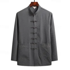 Hot OUKU Men's Shirt Summer Shirt Casual Shirt Beach Shirt Button Up Shirt Black White Navy Blue Green Dark Gray Long Sleeve Plain Standing Collar Vacation Hawaiian Embroidered Clothing Apparel Polyester