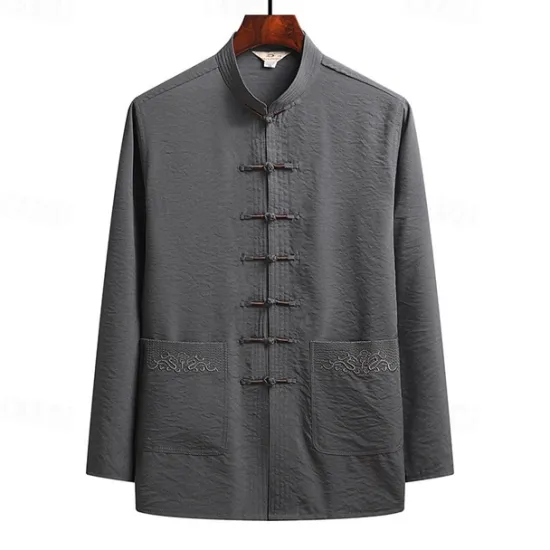 Hot OUKU Men's Shirt Summer Shirt Casual Shirt Beach Shirt Button Up Shirt Black White Navy Blue Green Dark Gray Long Sleeve Plain Standing Collar Vacation Hawaiian Embroidered Clothing Apparel Polyester