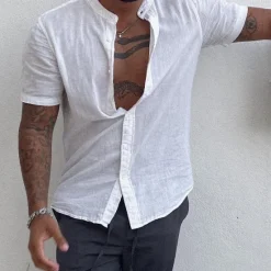 Discount OUKU Men's Shirt Summer Shirt Casual Shirt Beach Shirt Button Up Shirt Short Sleeve Plain Grandad Collar Standing Collar Vacation Hawaiian Clothing Apparel Fashion Casual Comfortable White