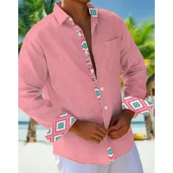 Outlet OUKU Men's Shirt Summer Shirt Casual Shirt Beach Shirt Button Up Shirt Light Green Pink Sky Blue Brown Gray Long Sleeve Plain Pattern Lapel Vacation Hawaiian Button-Down Clothing Apparel Polyester Fashion
