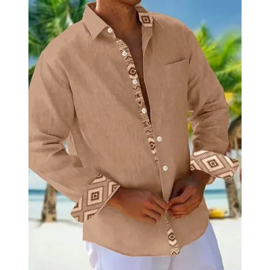 Outlet OUKU Men's Shirt Summer Shirt Casual Shirt Beach Shirt Button Up Shirt Light Green Pink Sky Blue Brown Gray Long Sleeve Plain Pattern Lapel Vacation Hawaiian Button-Down Clothing Apparel Polyester Fashion