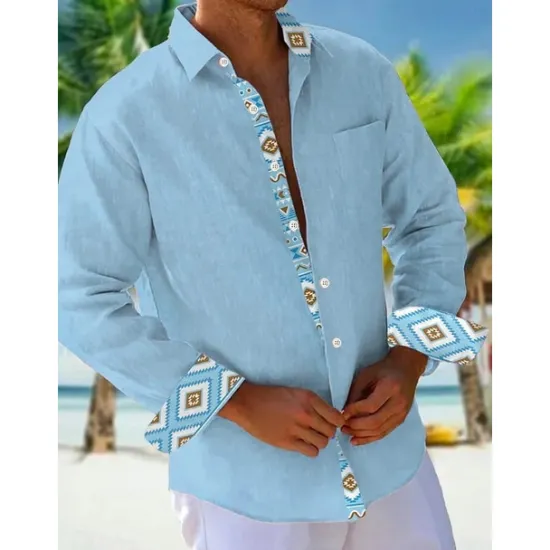 Outlet OUKU Men's Shirt Summer Shirt Casual Shirt Beach Shirt Button Up Shirt Light Green Pink Sky Blue Brown Gray Long Sleeve Plain Pattern Lapel Vacation Hawaiian Button-Down Clothing Apparel Polyester Fashion