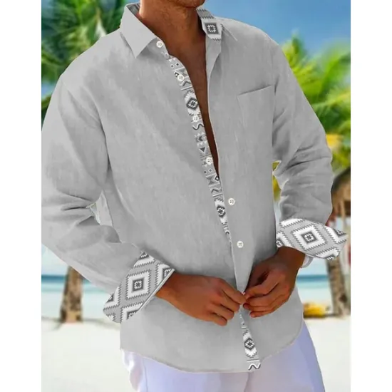 Outlet OUKU Men's Shirt Summer Shirt Casual Shirt Beach Shirt Button Up Shirt Light Green Pink Sky Blue Brown Gray Long Sleeve Plain Pattern Lapel Vacation Hawaiian Button-Down Clothing Apparel Polyester Fashion