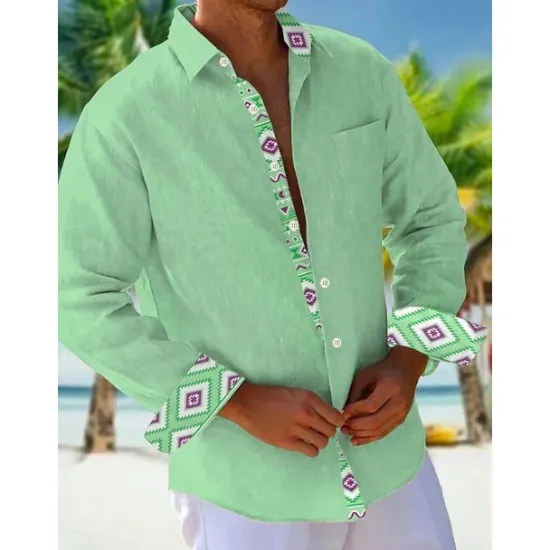 Outlet OUKU Men's Shirt Summer Shirt Casual Shirt Beach Shirt Button Up Shirt Light Green Pink Sky Blue Brown Gray Long Sleeve Plain Pattern Lapel Vacation Hawaiian Button-Down Clothing Apparel Polyester Fashion