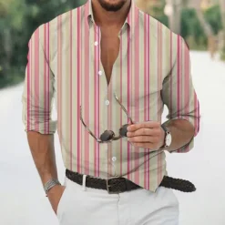 OUKU Men's Shirt Summer Shirt Casual Shirt Beach Shirt Button Up Shirt Striped Shirts Yellow Pink Coffee Light Blue Long Sleeve Stripes Turndown Vacation Hawaiian Button-Down Clothing Apparel Polyester