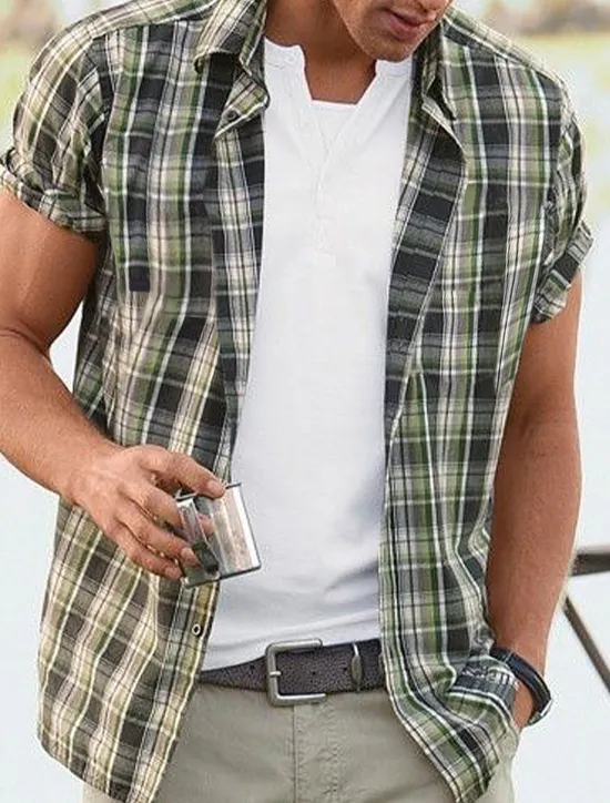 Sale OUKU Men's Shirt Summer Shirt Casual Shirt Button Up Shirt Checked Shirts Yellow Blue Short Sleeve Plaid Graphic Prints Turndown Vacation Street Print Clothing Apparel Cotton Cotton Blend Fashion Casual